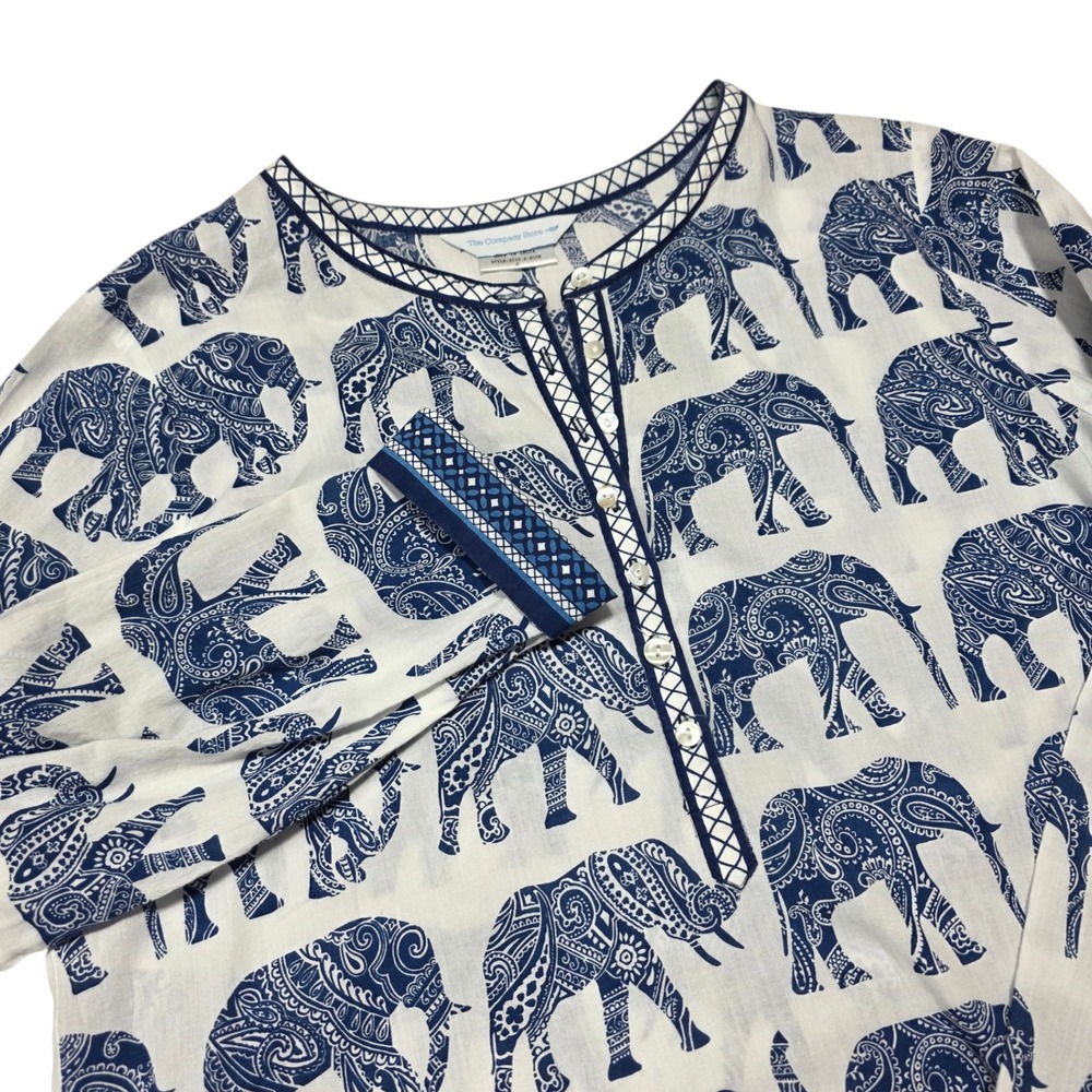 The Company Store Tunic Womens Small‎ Blue Elephant Print Cotton Henley Top SI38